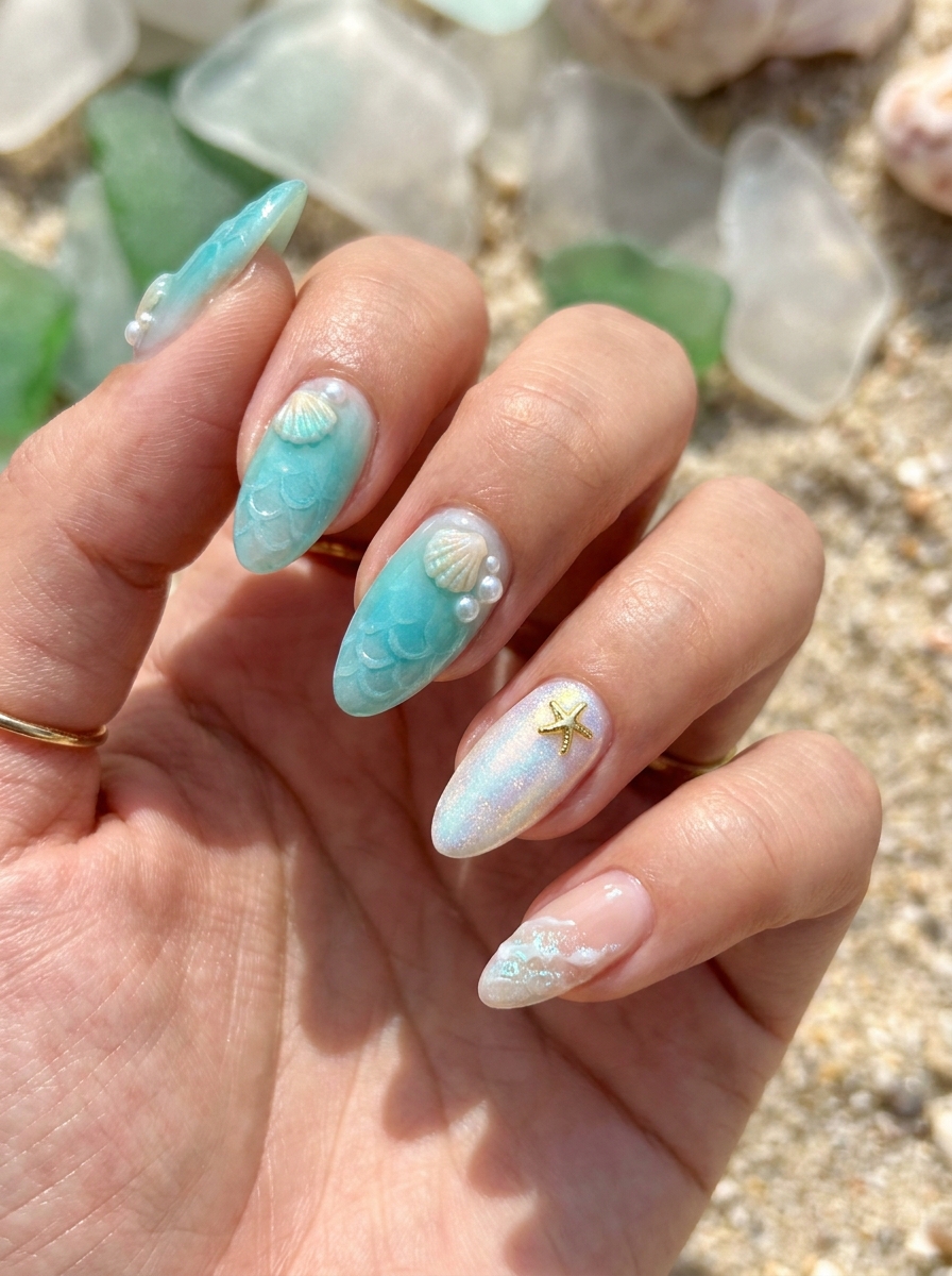 Luxe 3D Mermaid Fantasy Nails mit 3D-Muscheln, Perlen und Ozean-Schimmer